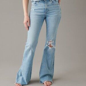 American Eagle Jeans Women Super High Rise Flare Blue Stretch Denim Size 00